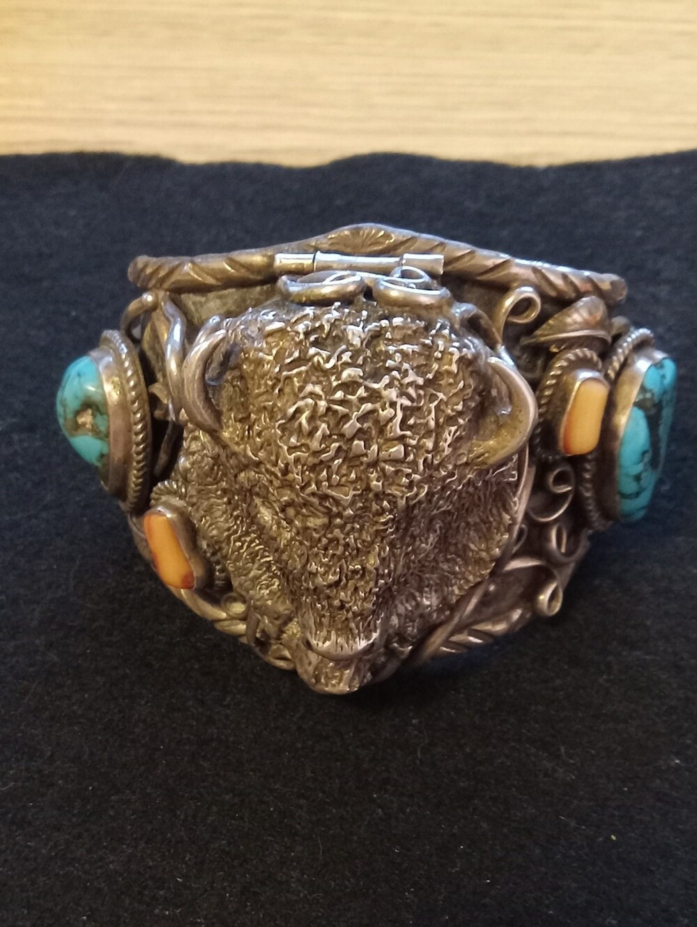 Sterling Silver Buffalo Cuff/watch Bracelet with Turquoise and Coral NAVAJO 1970